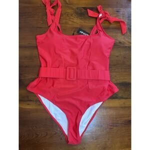 Womens Belted One Piece Swimsuit Tie Shoulder Red Size XL NWT